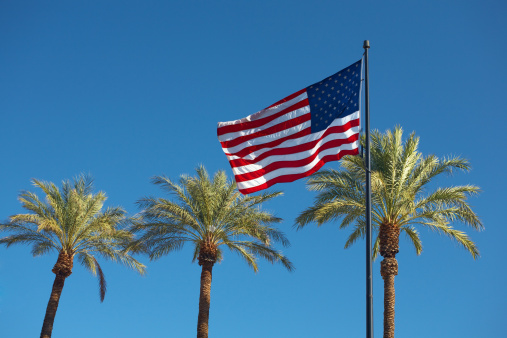 Usa flag and palms on blue sky. Las Vegas