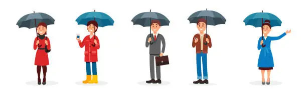 Vector illustration of People Characters Walking with Umbrellas Vector Illustration Set