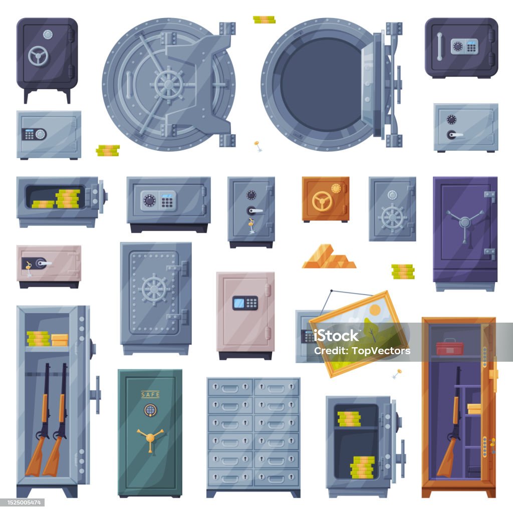 Secure Items Vector Metal Safe Or Strongbox For Securing Valuable Object Vector Set Stock ...