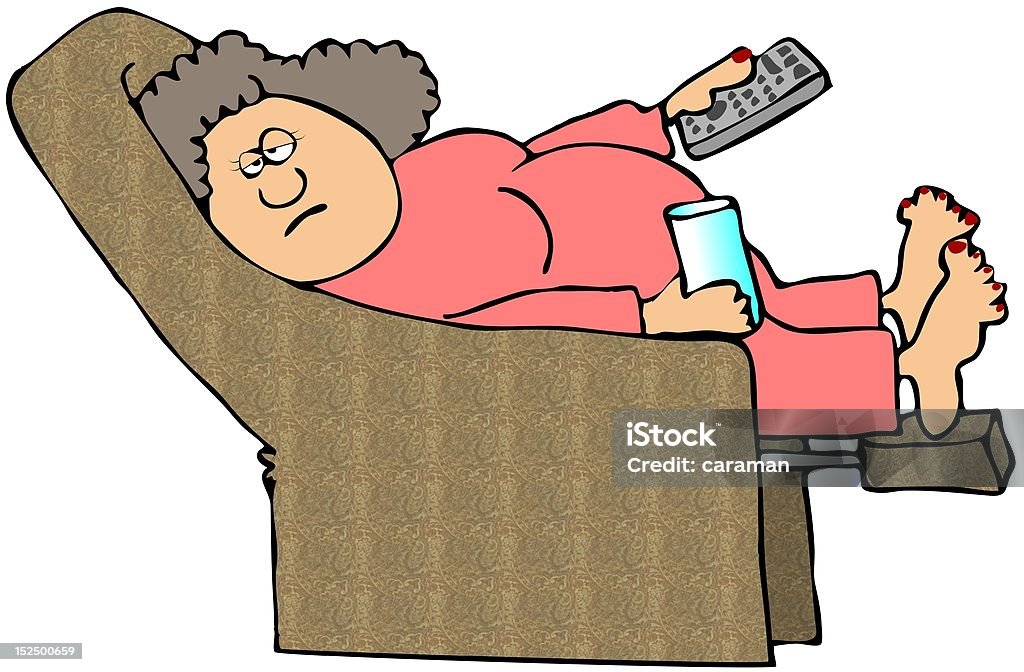 Woman On A Recliner This illustration depicts a tired woman sitting in a recliner with a TV remote and drink. Adult stock illustration