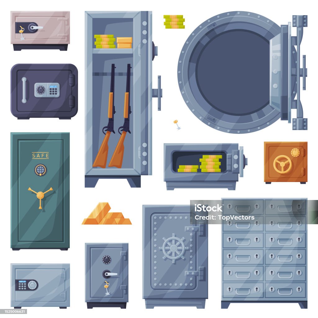 Secure Items Vector Metal Safe Or Strongbox For Securing Valuable Object Vector Set Stock ...