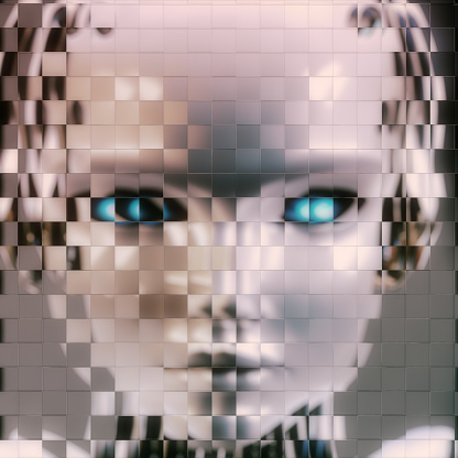 Broken image, diffracted through pixelated glass, of an android. CGI