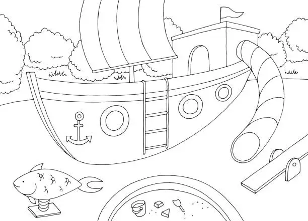 Vector illustration of Playground ship graphic black white landscape sketch illustration vector