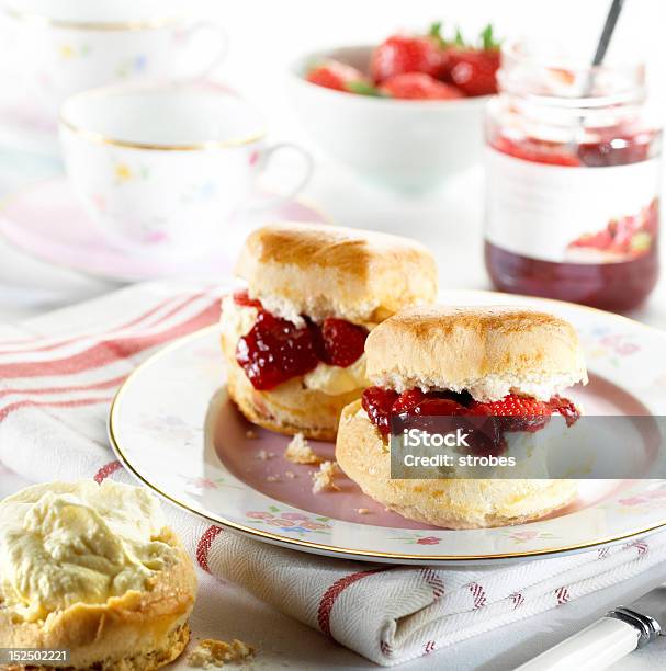 Scones With Jam And Cream Stock Photo - Download Image Now - Scone, Preserves, Cream - Dairy Product