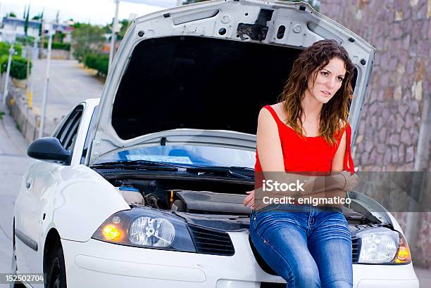 Woman Waits Mechanic Stock Photo - Download Image Now - Driveway, Vehicle Breakdown, Car