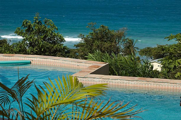 Swimming Pool Overlooks Ocean Beach. Virgin Island vacation home overlooks the ocean. ocean beach papua new guinea stock pictures, royalty-free photos & images