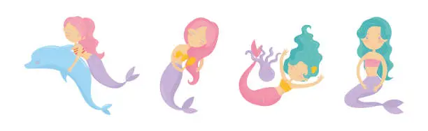 Vector illustration of Cute Mermaid Floating Underwater with Wavy Hair Vector Set