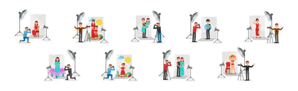 Vector illustration of Man Photographer with Camera Taking Photo of People Vector Illustration Set