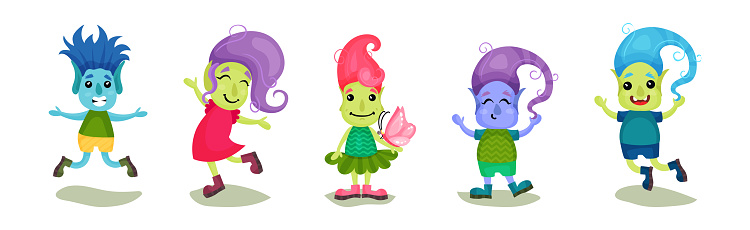 Cute Troll Characters with Different Skin and Hair Color Vector Set. Smiling Midgets from Fairytale