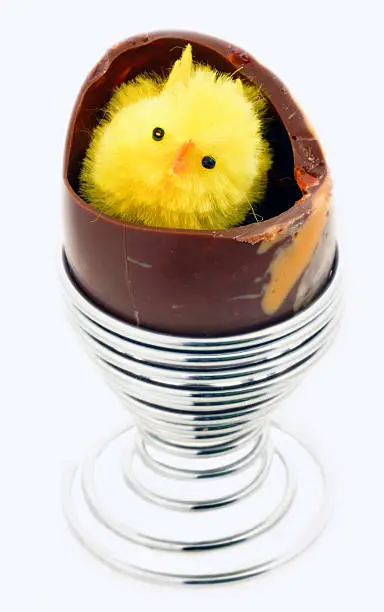 Easter background with decorative chick in an eggholder