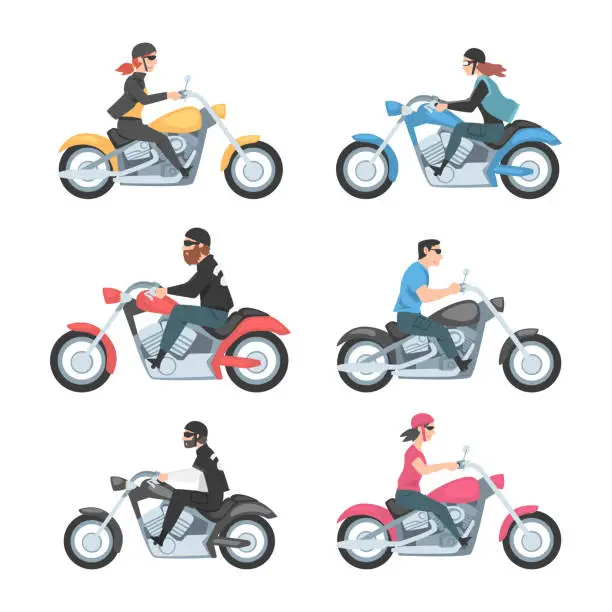 Vector illustration of Man and Woman Riding Motorcycle or Motorbike Side View Vector Set