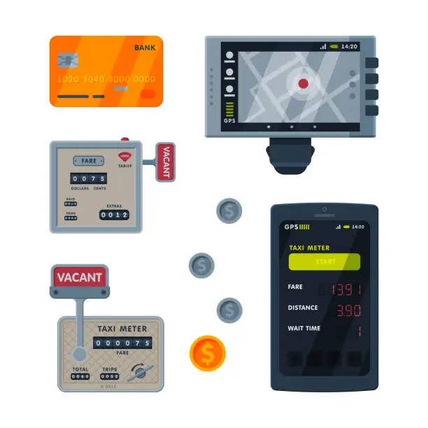 Vector illustration of Taximeter as Car Cab Device for Fare Measurement Vector Set