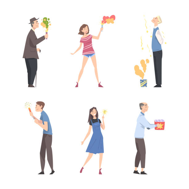 istock Happy People Characters with Sparklers and Fireworks Celebrating Holiday Vector Set 1525044229