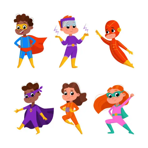 Vector illustration of Happy Smiling Kids Wearing Colorful Superhero Costumes Vector Set