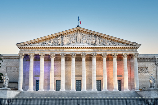 Palais Bourbon : National Assembly building (Assemblée Nationale ) at dusk, in Paris.