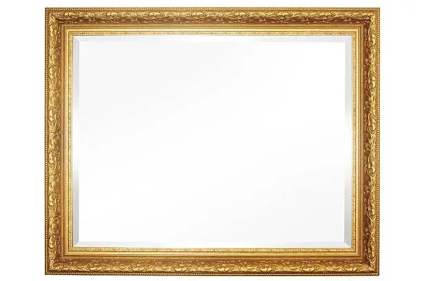 Front view mirror with gold frame.