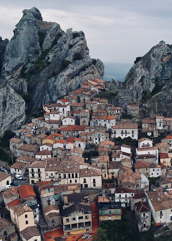 Drone shot of Pietrapertosa in the Lucanian Dolomites, Basilicata, Italy