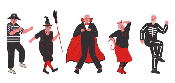 Vector illustration of Halloween party. Senior people in Halloween costumes are dancing