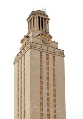 The University of Texas at Austin clock tower on a cloudy day.  Perfect for a cutout in a brochure or to wrap text around on a website.