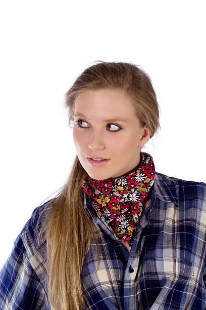 portrait of country-girl in chequered shirt on white background