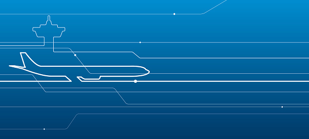 Avia transport. Airplane outline illustration for your project. White lines image on blue background. Vector design art