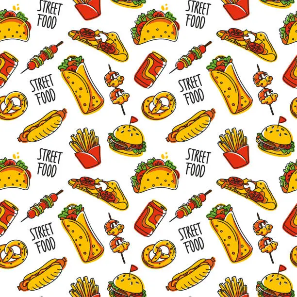 Vector illustration of Street food. Seamless pattern.