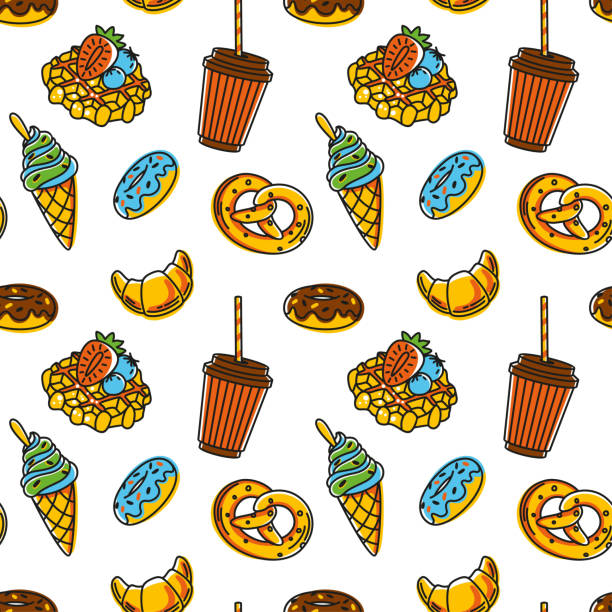 pączek, precel, rogaliki, kawa, lody i inne słodycze. menu kawiarni. - seamless croissant pattern ice stock illustrations