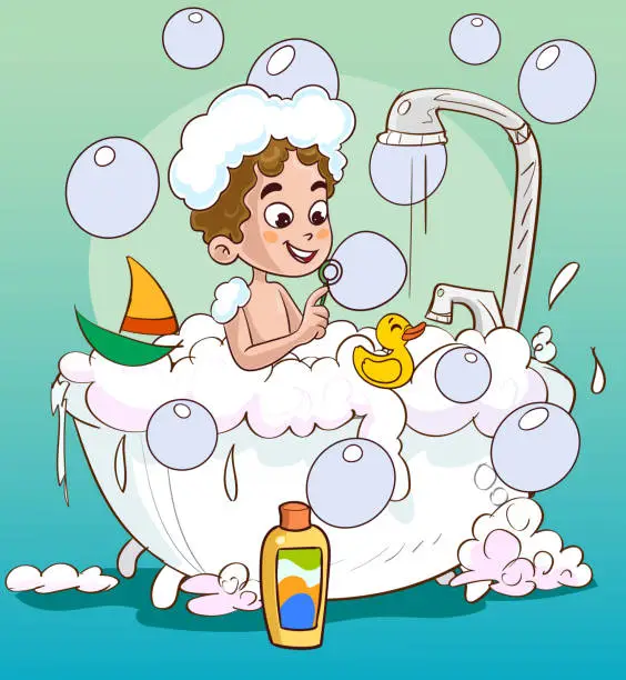 Vector illustration of Funny Little Kid Having Bath