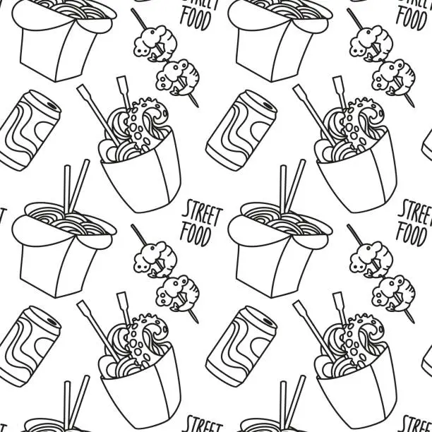 Vector illustration of Asian street food. Ramen, noodles and other dishes. Monochrome design. Seamless pattern.