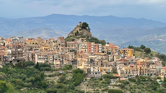 Little chapel hill over the small town Centuripe in Sicily, Italy