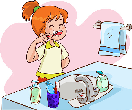 children  brushing her teeth vector illustration.