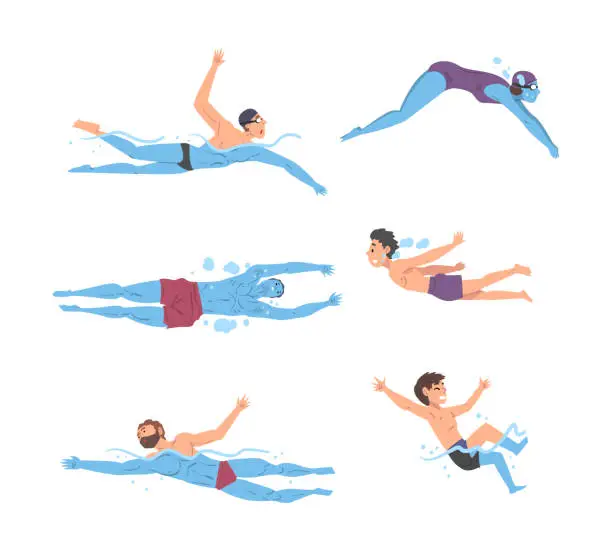 Vector illustration of People Characters Swimming in Water Diving and Plunging with Bubbles Vector Set