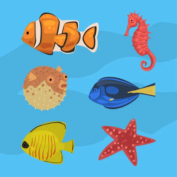 Vector illustration of Fish and Marine Mammals as Sea and Underwater World Vector Set