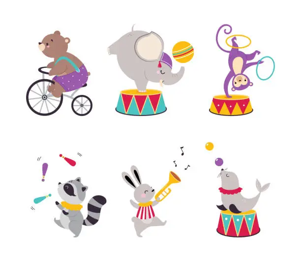 Vector illustration of Cute Circus Animal Characters Tame Artist Performing Trick Vector Set