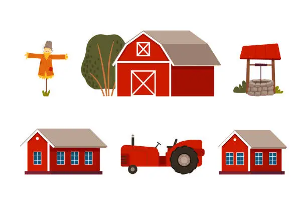 Vector illustration of Farming and Agriculture with Barn House, Water Well, Tractor and Scarecrow Vector Set