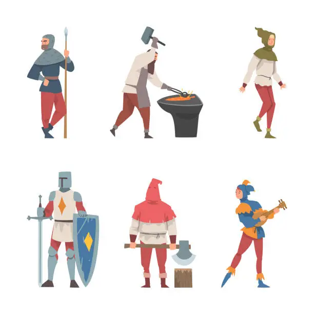 Vector illustration of Medieval People Characters with Knight, Blacksmith, Headsman with Axe and Bard Vector Set