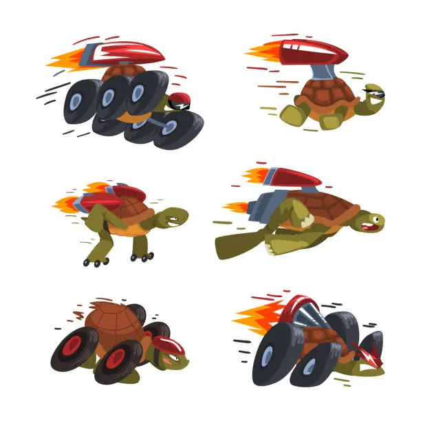 Vector illustration of Funny Turtle Riding Fast with Rocket Booster Having Energy Moving Forward Vector Set