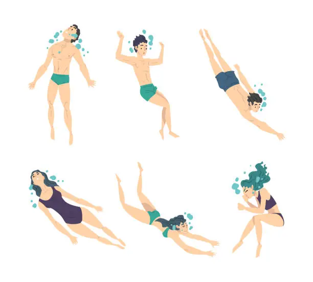 Vector illustration of People Characters Swimming in Water Diving and Plunging with Bubbles Vector Set