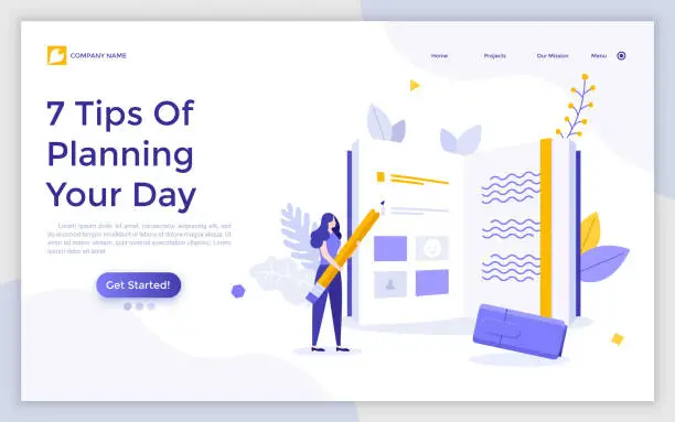 Vector illustration of Landing page template with woman writing in planner with pencil. Concept of daily work project planning, task organization, time management, journaling. Modern flat vector illustration for webpage.