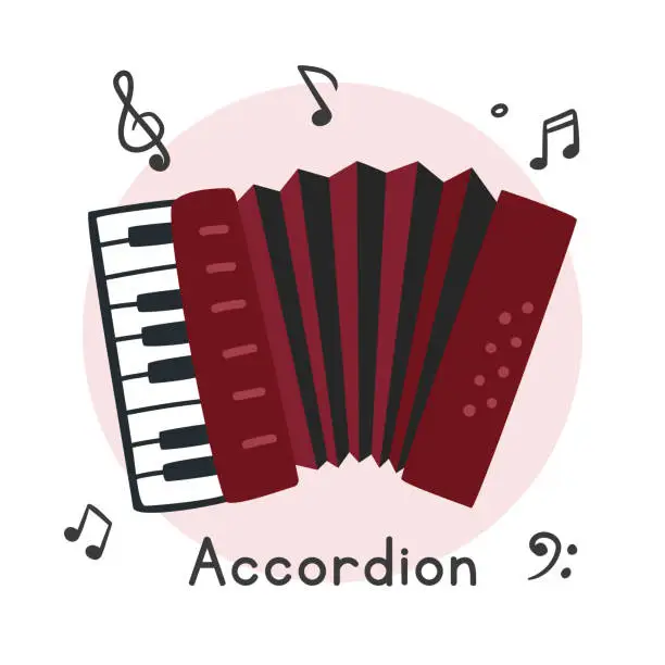 Vector illustration of Accordion clipart cartoon style. Simple cute red accordion flat vector illustration. Keyboard musical instrument classical bayan hand drawn doodle style. Hand-held accordion vector design
