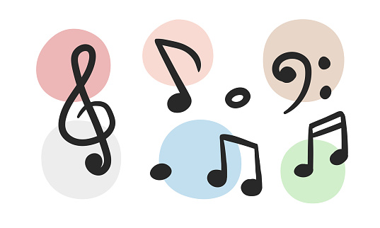 Vector set of musical notations with multiple decorative dots in the background. Treble clef, bass clef, eighth note, quaver, sixteenth note, semiquaver musical symbols vector cartoon hand drawn style