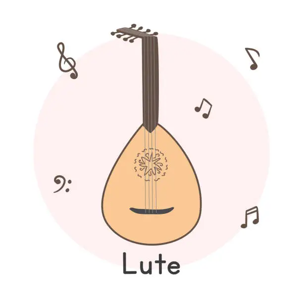 Vector illustration of Oud clipart cartoon style. Simple cute brown lute middle eastern string musical instrument flat vector illustration. Stringed instrument lute hand drawn doodle style. Wooden lute vector design