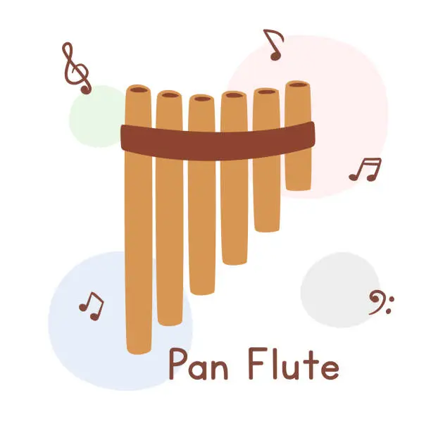 Vector illustration of Bamboo pan flute clipart cartoon style. Simple cute wooden panpipes woodwind instrument flat vector illustration. Wind instrument syrinx hand drawn doodle style. Greece folk musical instrument vector