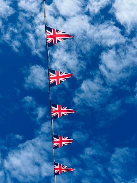 istock Union Jack flags bunting against blue sky 1525220781