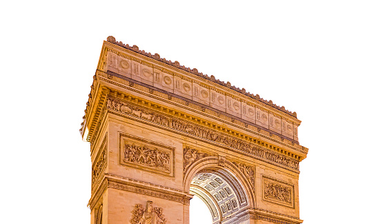 Arc de Triomphe (carved on white background), Paris, France. The walls of the arch are engraved with the names of 128 battles and names of 660 French military leaders (in French)