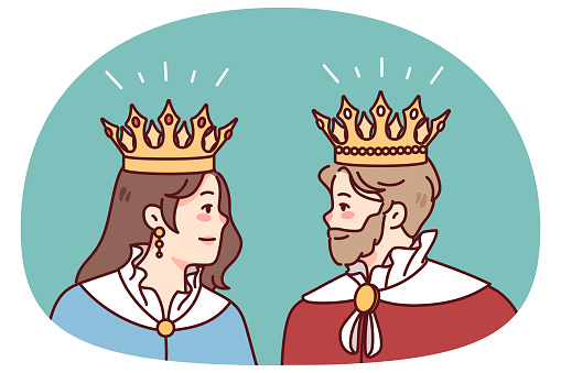 King and queen in mantles and crowns look at each other. Members of royal family in robes. Royalty and monarchy. Vector illustration.
