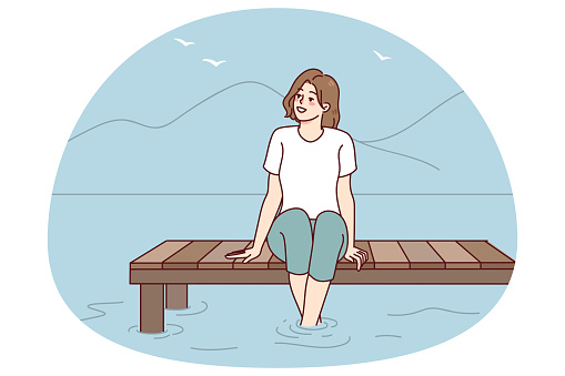 Happy woman sitting on pier near water enjoy summer vacation. Smiling girl relaxing on bridge on river enjoying holidays. Vector illustration. . Vector illustration
