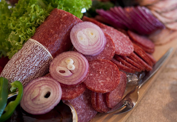 Salami on Sausage table stock photo