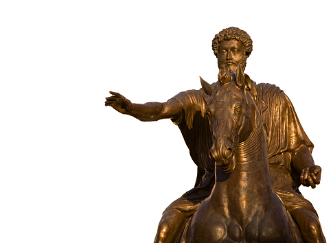 Copy of the Marco Aurelio equestrian bronze statue, in Campidoglio square, Rome. Isolated on white.
