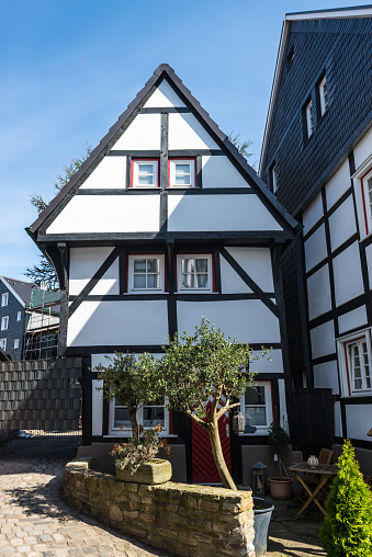 Hattingen, Germany - April 11, 2022: Old Town Hattingen, a traditional German architectural district with half-timbered houses in Hattingen, North Rhine-Westphalia, Germany.